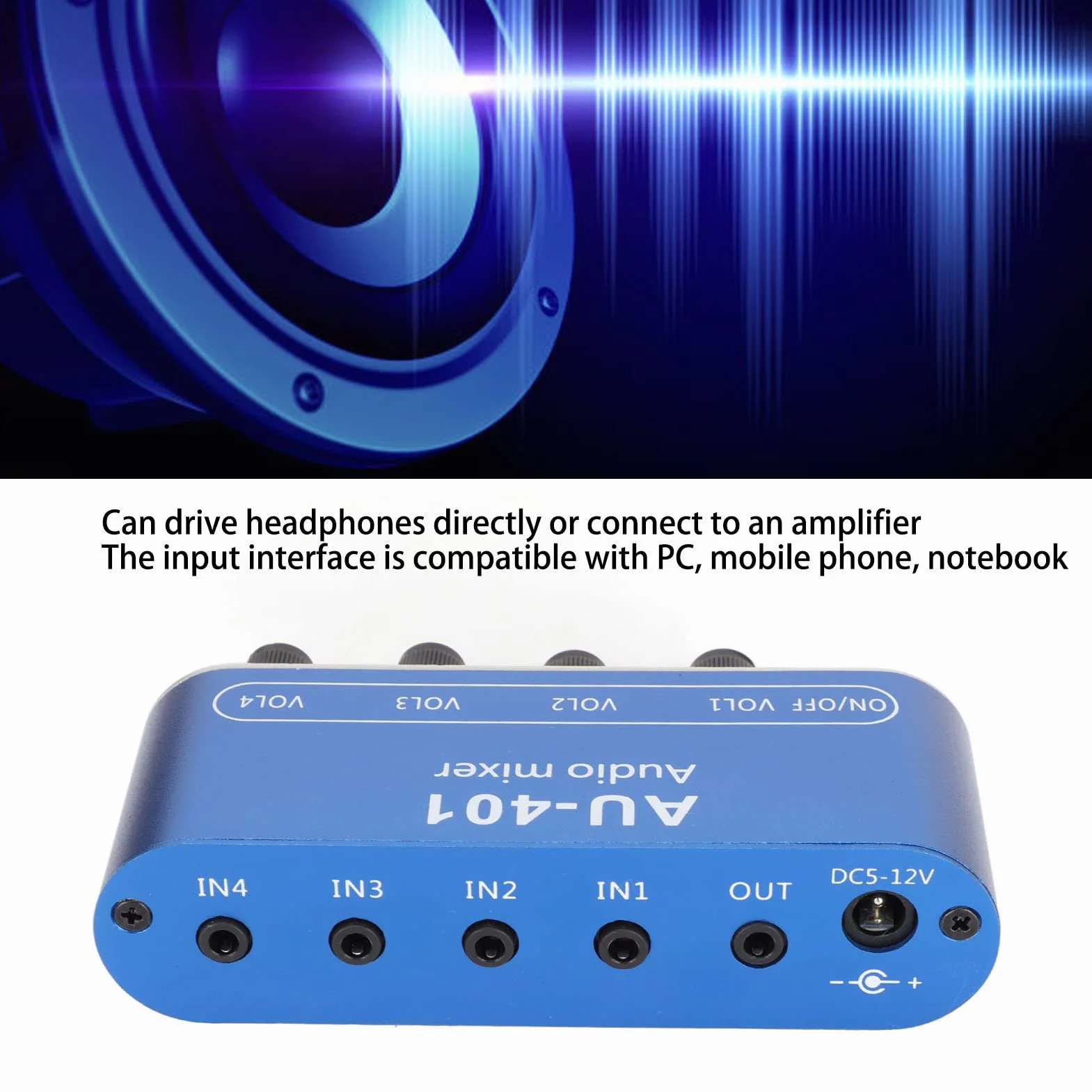 4-kanałowy Mikser Audio, Mini Przenośny Mikser Stereo 3,5 Mm Wzmacniacz Wyboru Dźwięku Niski Poziom Hałasu, Kompatybilny z Komputerem, Telefonem Komórkowym, Laptopem, do Małych Klubów lub Barów